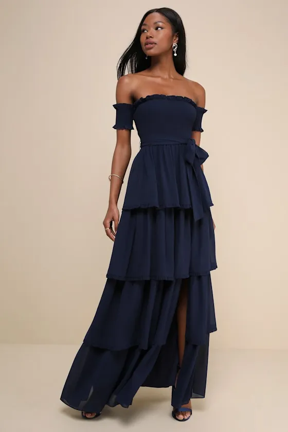 Stunning Poise Navy Off-the-Shoulder Smocked Tiered Maxi Dress sold by Lulus