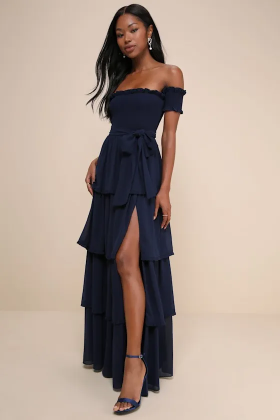 Stunning Poise Navy Off-the-Shoulder Smocked Tiered Maxi Dress sold by Lulus product image thumbnail 2