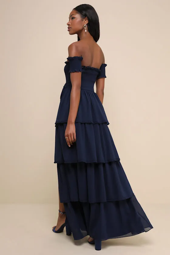 Stunning Poise Navy Off-the-Shoulder Smocked Tiered Maxi Dress sold by Lulus product image thumbnail 3