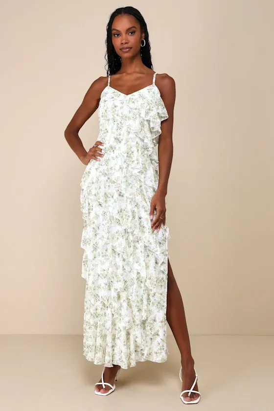 Feeling Flouncy Ivory Floral Print Tiered Ruffle Maxi Dress sold by Lulus