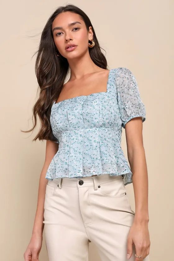 Dainty Effect Blue Floral Embroidered Pleated Puff Sleeve Top sold by Lulus