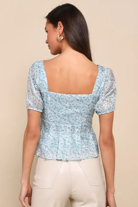 Dainty Effect Blue Floral Embroidered Pleated Puff Sleeve Top sold by Lulus product image thumbnail 2