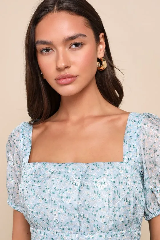 Dainty Effect Blue Floral Embroidered Pleated Puff Sleeve Top sold by Lulus product image thumbnail 4