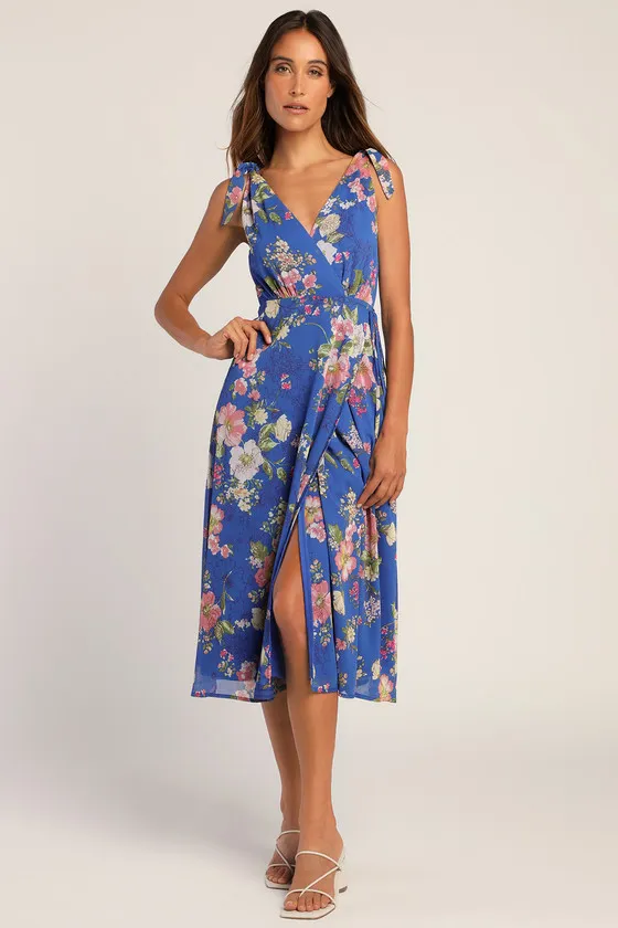 Sensational Season Blue Floral Print Tie-Strap Wrap Midi Dress sold by Lulus