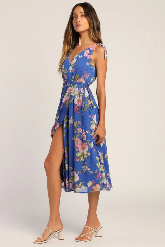 Sensational Season Blue Floral Print Tie-Strap Wrap Midi Dress sold by Lulus product image thumbnail 3