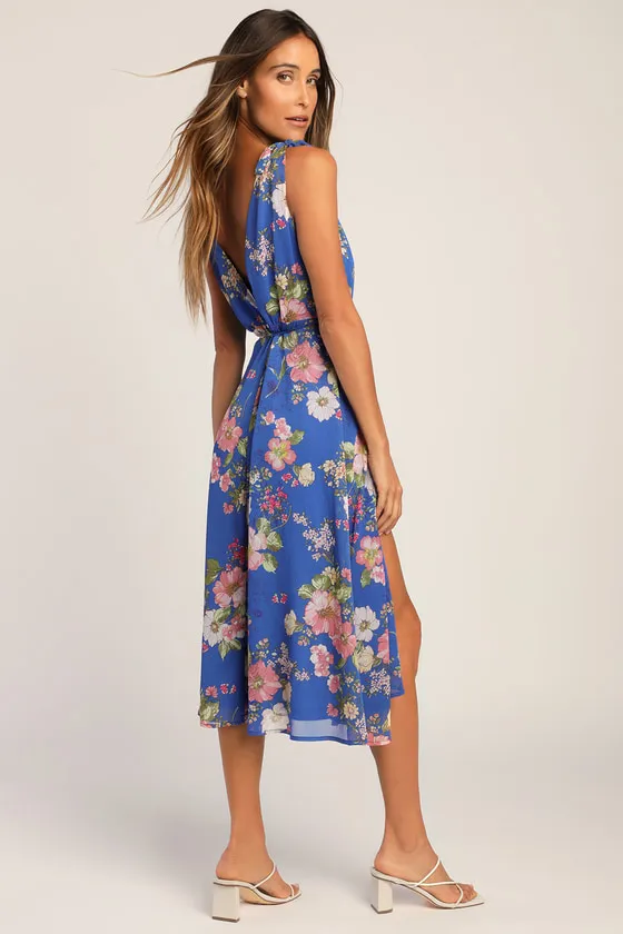 Sensational Season Blue Floral Print Tie-Strap Wrap Midi Dress sold by Lulus product image thumbnail 4