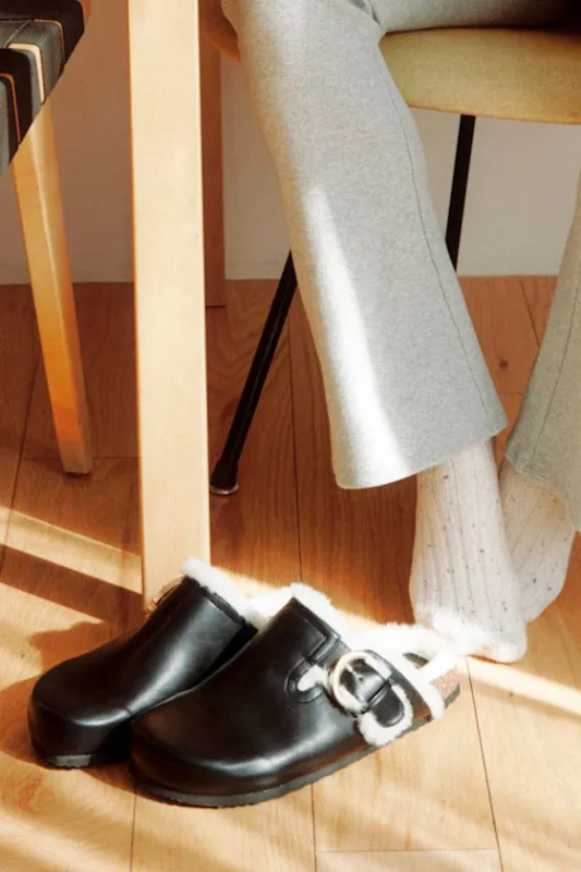 Carrina Black Faux Fur Buckle Mule Slides sold by Lulus