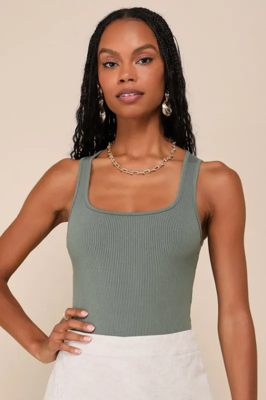 Convenient Charm Olive Green Ribbed Cutout Bodysuit sold by Lulus