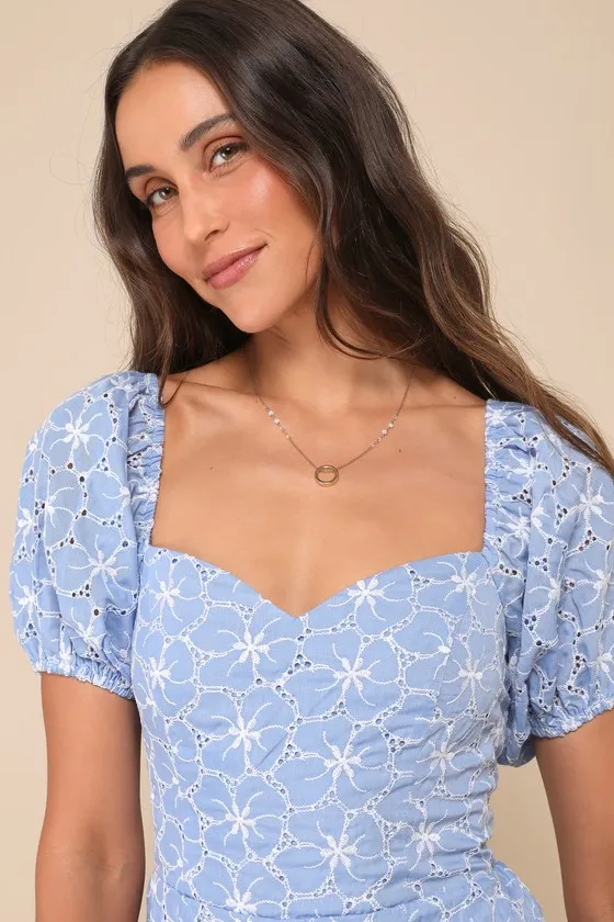 Summer Charm Blue Floral Eyelet Embroidered Puff Sleeve Romper sold by Lulus product image thumbnail 2