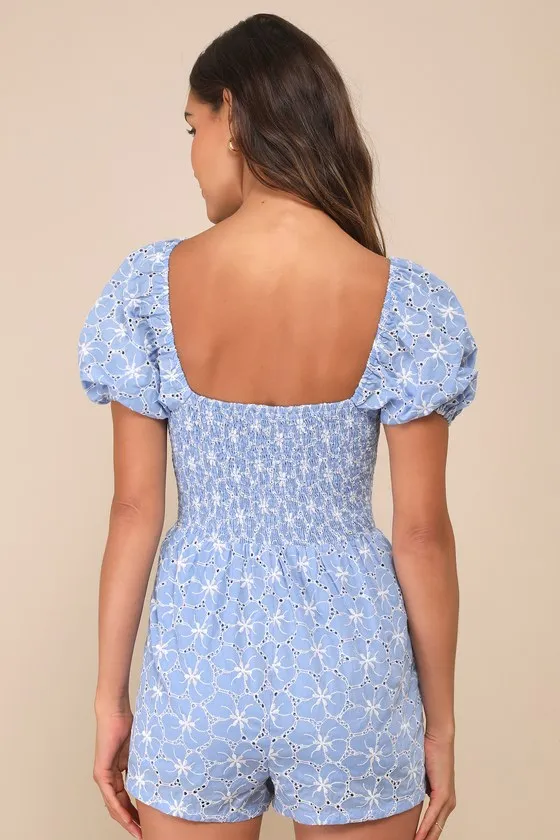 Summer Charm Blue Floral Eyelet Embroidered Puff Sleeve Romper sold by Lulus product image thumbnail 3