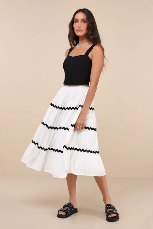 Number One Trend White and Black Tiered Midi Skirt sold by Lulus