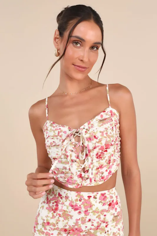 Mastered Elegance Ivory Multi Abstract Print Lace-Up Cami Top sold by Lulus
