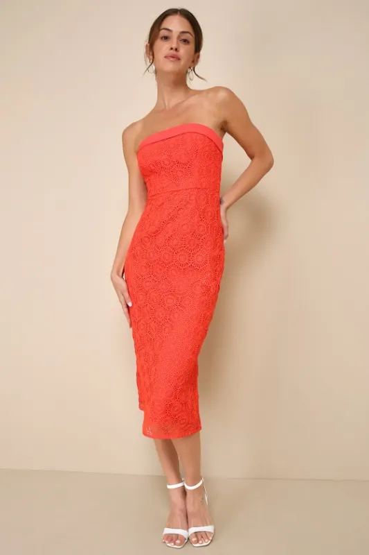 Chic Intent Bright Red Crochet Textured Strapless Midi Dress sold by Lulus