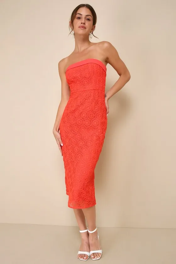 Chic Intent Bright Red Crochet Textured Strapless Midi Dress sold by Lulus