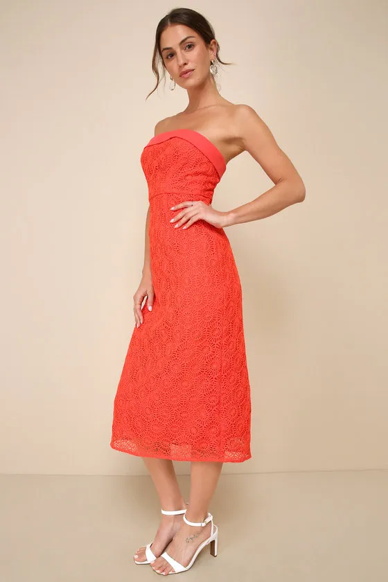 Chic Intent Bright Red Crochet Textured Strapless Midi Dress sold by Lulus product image thumbnail 2