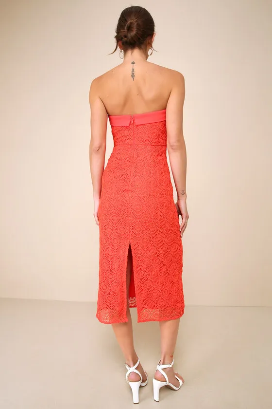 Chic Intent Bright Red Crochet Textured Strapless Midi Dress sold by Lulus product image thumbnail 3