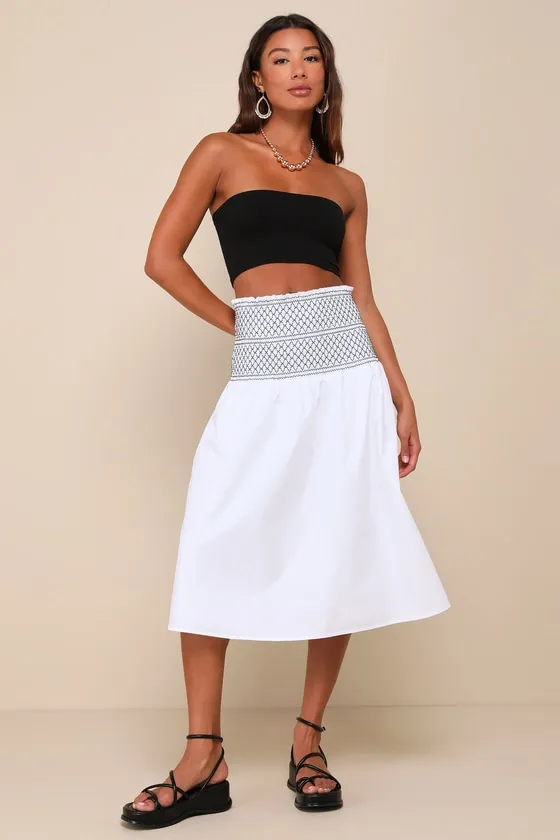 Relaxed Cuteness White Smocked Embroidered Midi Skirt sold by Lulus