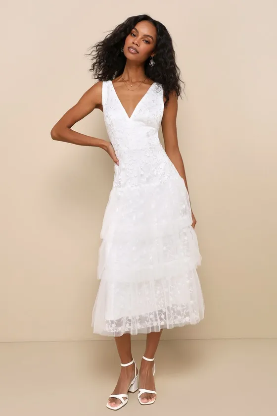 Confidently Gorgeous Ivory Tulle Embroidered Backless Midi Dress sold by Lulus