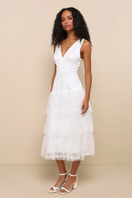 Confidently Gorgeous Ivory Tulle Embroidered Backless Midi Dress sold by Lulus product image thumbnail 2