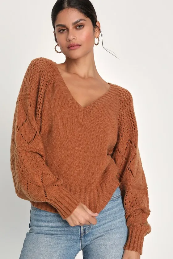 Trend Maker Light Brown Pointelle Knit V-Neck Sweater sold by Lulus
