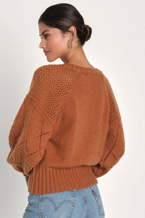 Trend Maker Light Brown Pointelle Knit V-Neck Sweater sold by Lulus product image thumbnail 2