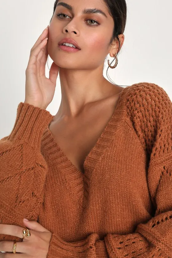Trend Maker Light Brown Pointelle Knit V-Neck Sweater sold by Lulus product image thumbnail 3