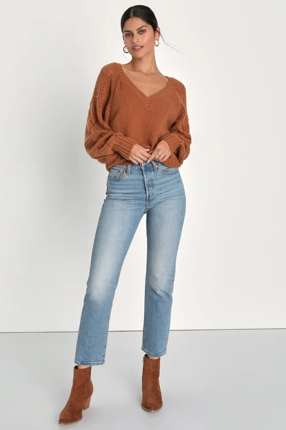 Trend Maker Light Brown Pointelle Knit V-Neck Sweater sold by Lulus product image thumbnail 4