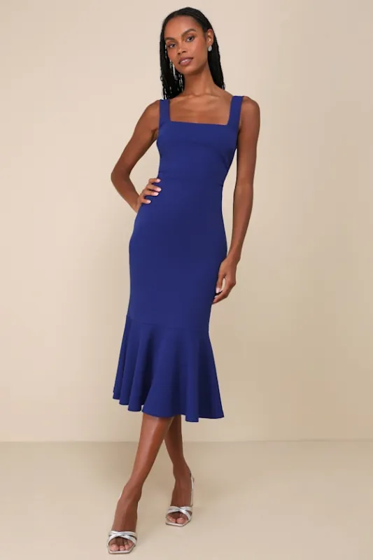 Moment Maker Cobalt Blue Square Neck Trumpet Midi Dress made by Lulus