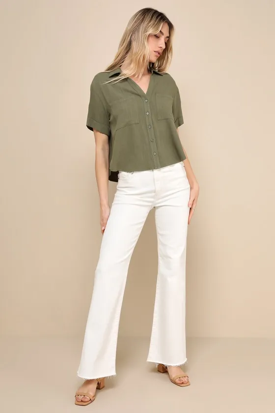 Summer Escapades Olive Green Linen Collared Button-Up Top sold by Lulus product image thumbnail 2