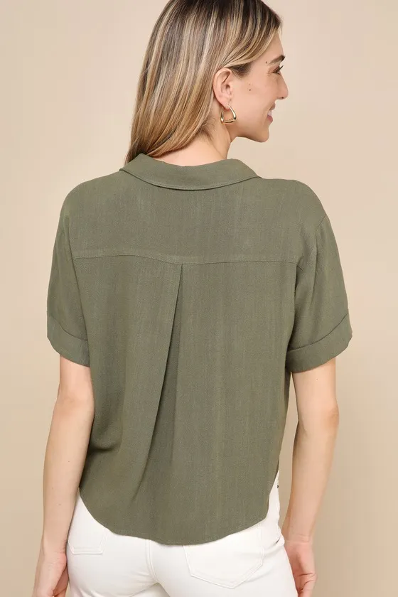 Summer Escapades Olive Green Linen Collared Button-Up Top sold by Lulus product image thumbnail 3
