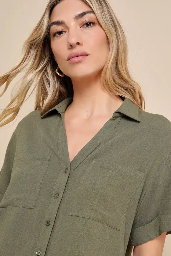 Summer Escapades Olive Green Linen Collared Button-Up Top sold by Lulus product image thumbnail 4