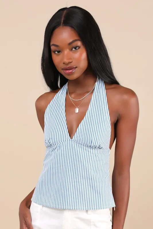 Nandu Blue and White Striped Cotton Poplin Halter Top sold by Lulus