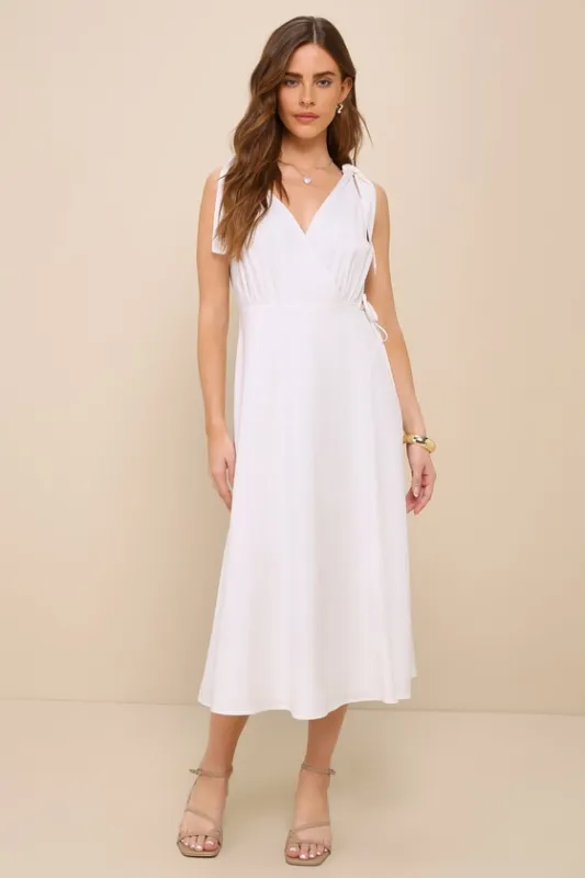 Charming Tendencies White Surplice Wrap Midi Dress sold by Lulus
