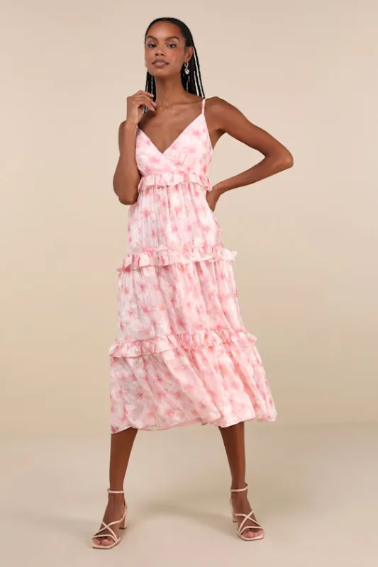Radiantly Adorable Pink Floral Sleeveless Tiered Midi Dress sold by Lulus