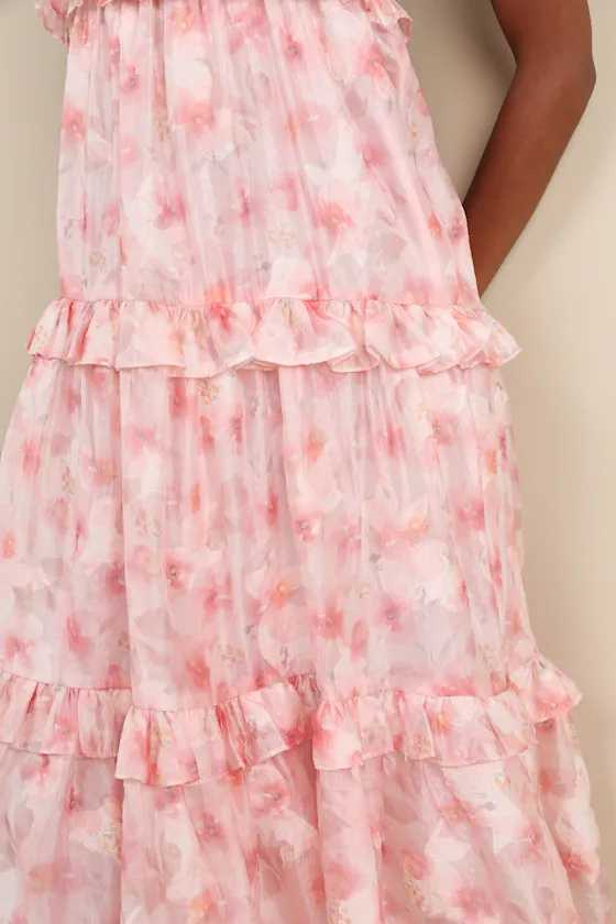 Radiantly Adorable Pink Floral Sleeveless Tiered Midi Dress sold by Lulus product image thumbnail 4