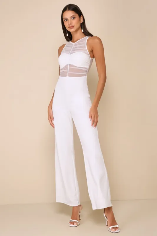 Sultry Charisma White Mesh Ruched Sleeveless Wide-Leg Jumpsuit sold by Lulus