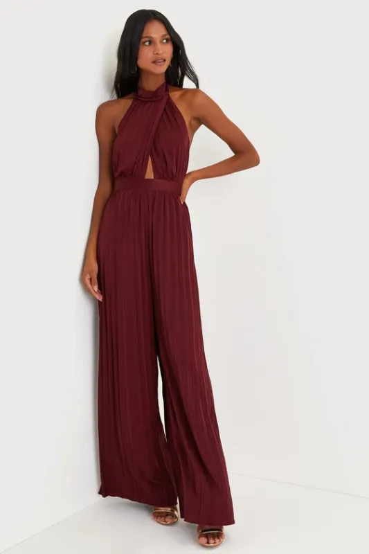 Confident Impression Burgundy Satin Pleated Halter Jumpsuit sold by Lulus