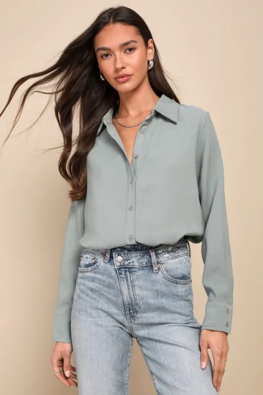 Totally Polished Sage Green Long Sleeve Button-Up Top sold by Lulus