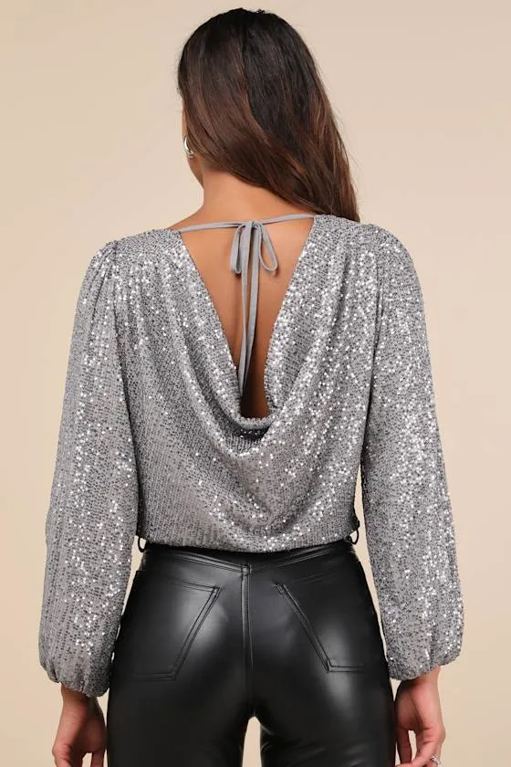 Evening of Wonder Grey Sequin Long Sleeve Bodysuit sold by Lulus product image thumbnail 3