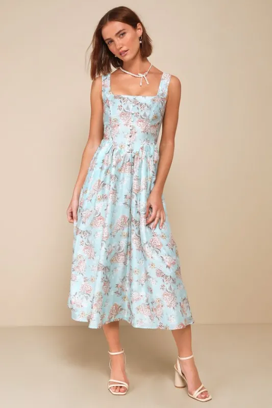 Darling Adoration Light Blue Floral Midi Dress With Pockets sold by Lulus