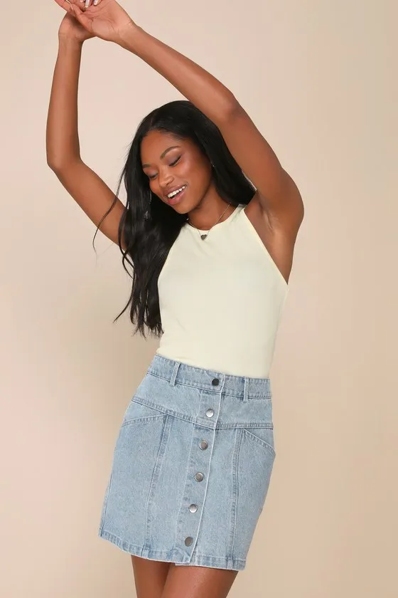 Real Babe Medium Wash High-Waisted Button-Up Denim Mini Skirt sold by Lulus