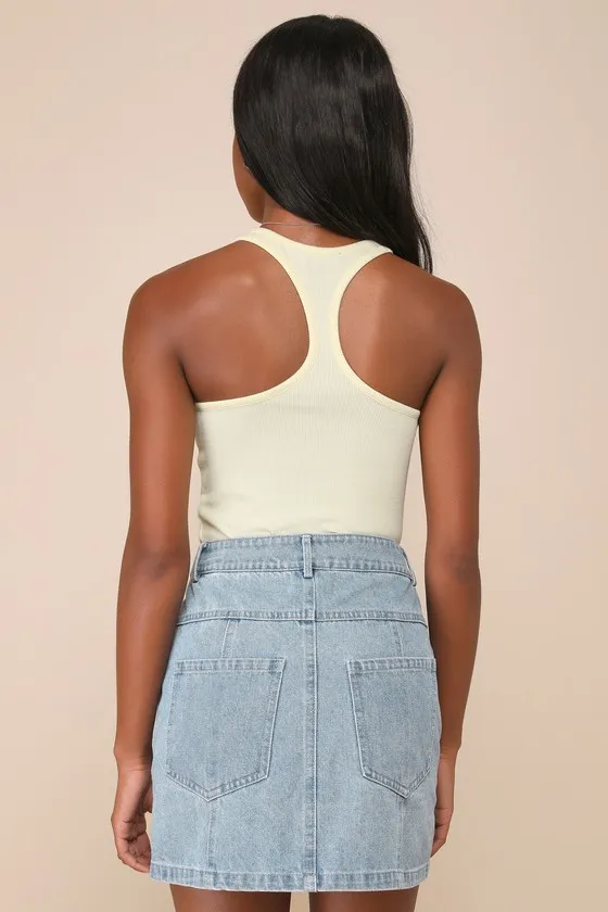 Real Babe Medium Wash High-Waisted Button-Up Denim Mini Skirt sold by Lulus product image thumbnail 2