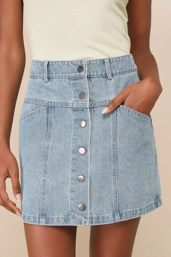 Real Babe Medium Wash High-Waisted Button-Up Denim Mini Skirt sold by Lulus product image thumbnail 3