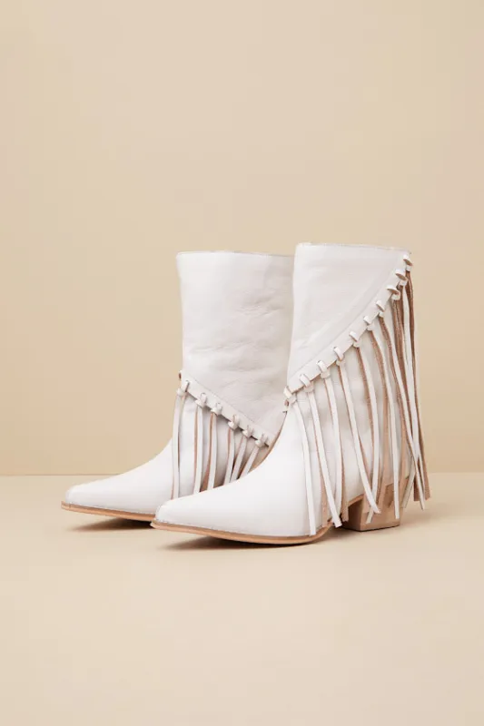 Buck White Leather Fringe Mid-Calf Western Boots sold by Lulus