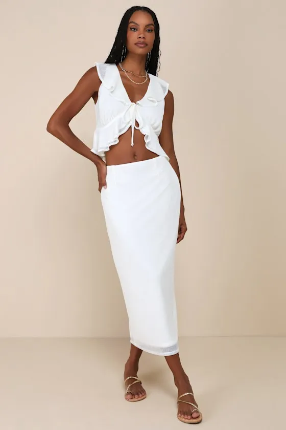 Enviable Effect Ivory Mesh Ruffled Two-Piece Midi Dress sold by Lulus