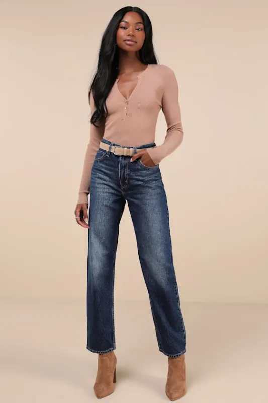 Baggy Dad Dark Wash Cotton Denim Mid-Rise Wide-Leg Jeans sold by Lulus