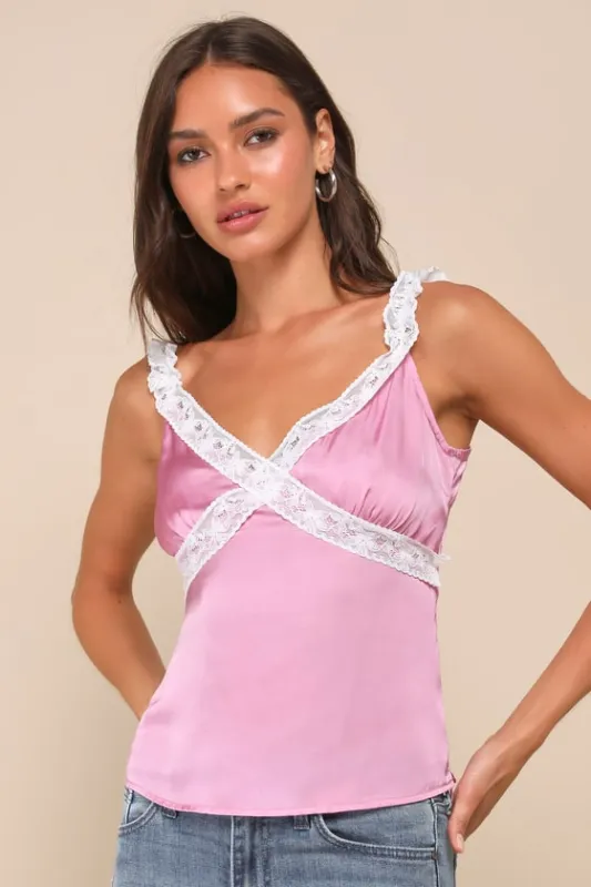 Certainly a Sweetie Pink Satin Lace Ruffled V-Neck Tank Top sold by Lulus