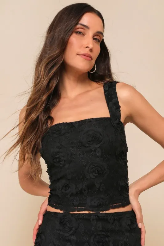 Undeniable Effect Black Lace Rosette Cropped Tank Top sold by Lulus