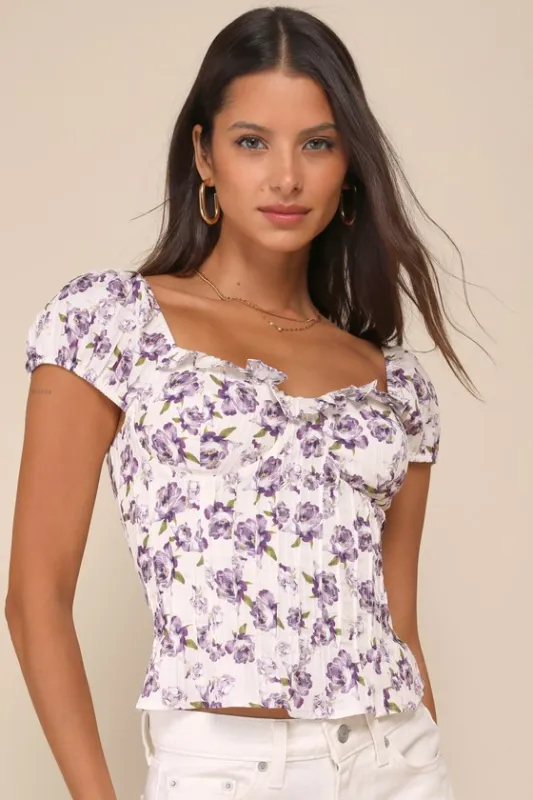 Magnificent Poise Ivory Floral Ruffled Lace-Up Bustier Top sold by Lulus