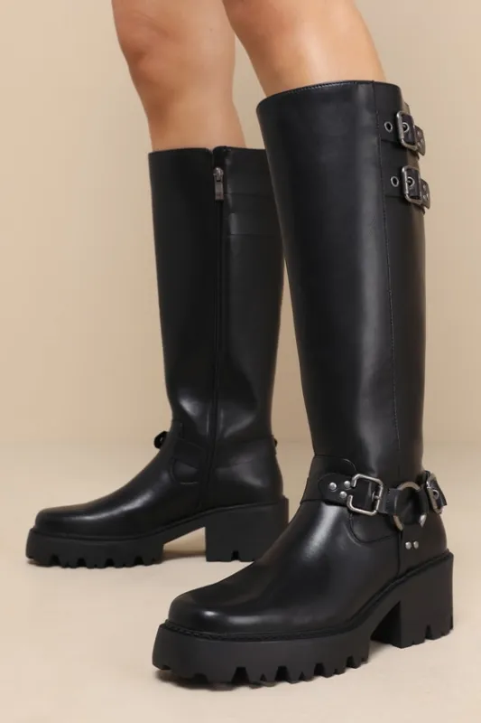 Adlery Black Belted Knee-High Moto Boots made by Lulus